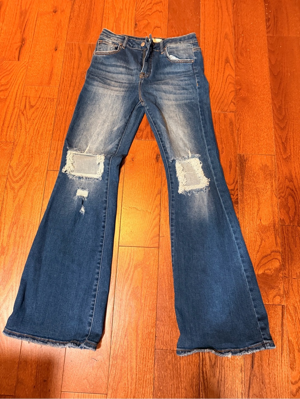 Women's Dark Blue Flare Jeans with Distressed Knees